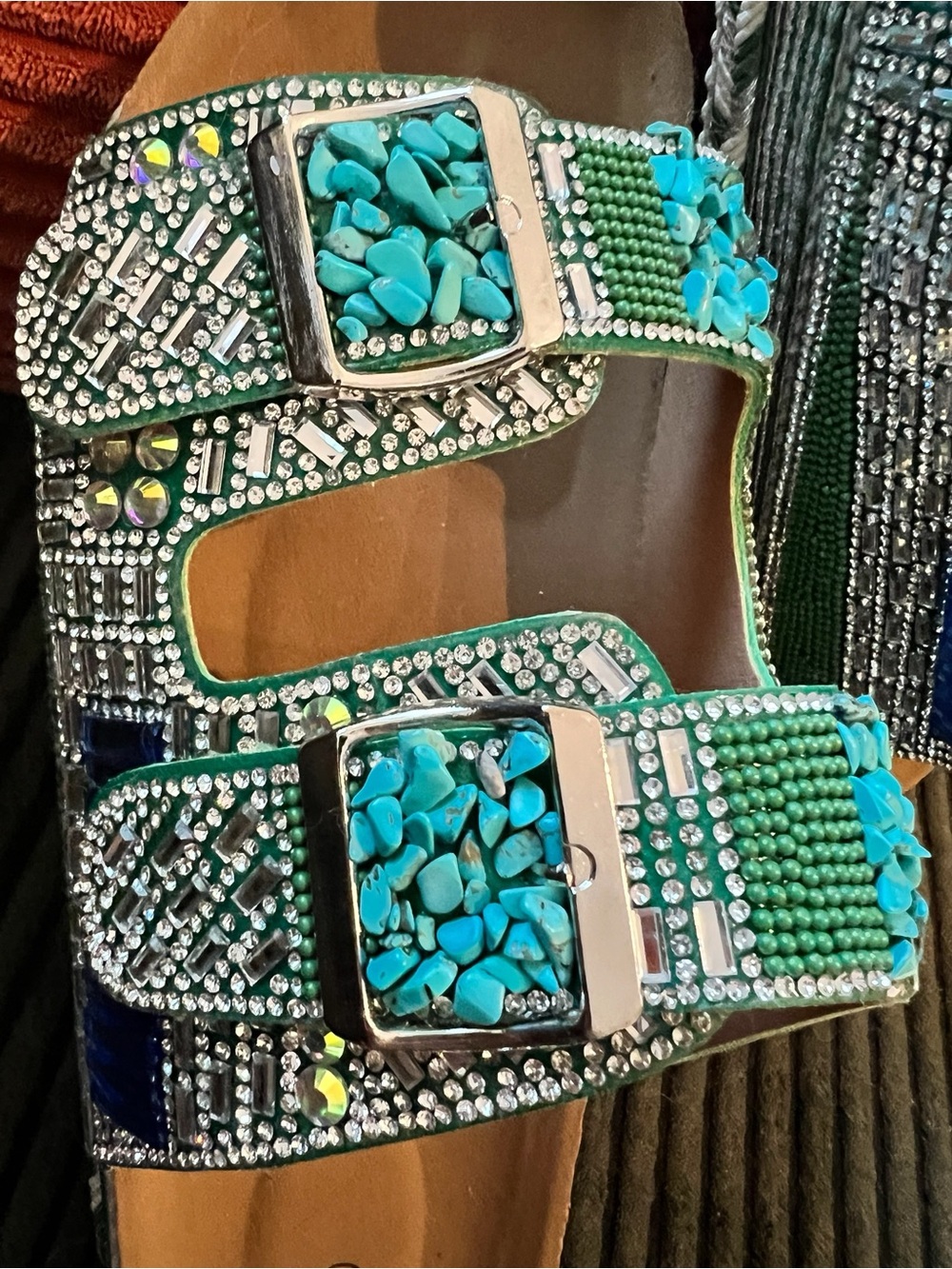 Women’s Turquoise, Blue &Green with Sparkle Accents Double-Buckle Slide Sandals - Picture 5 of 10